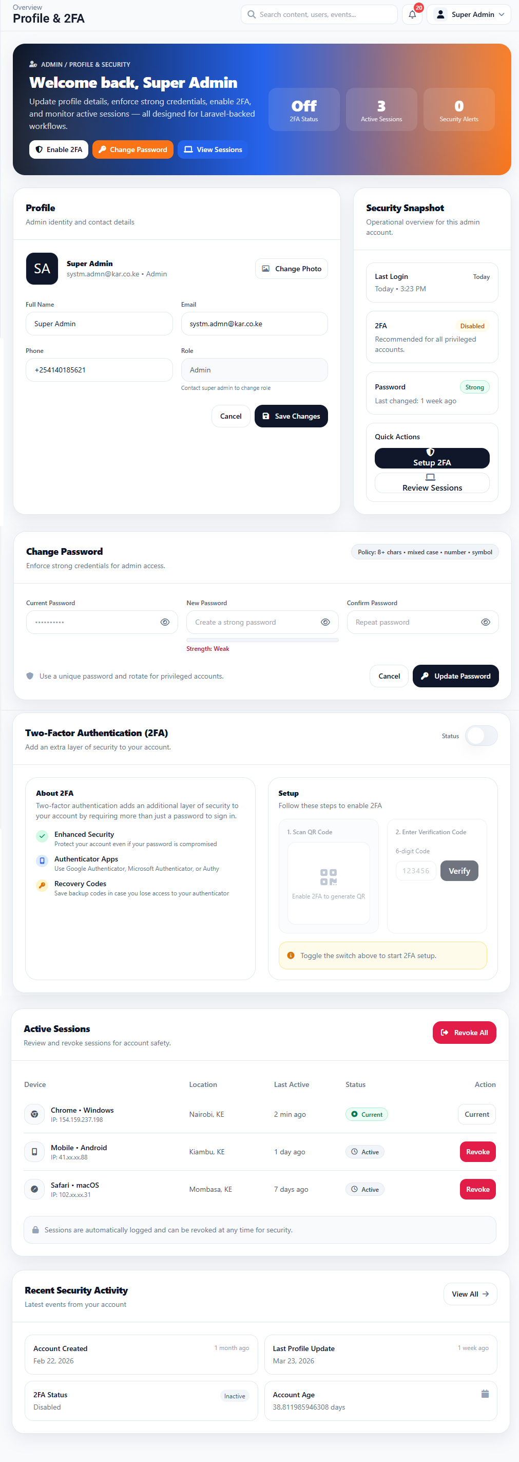 Profile & 2FA interface